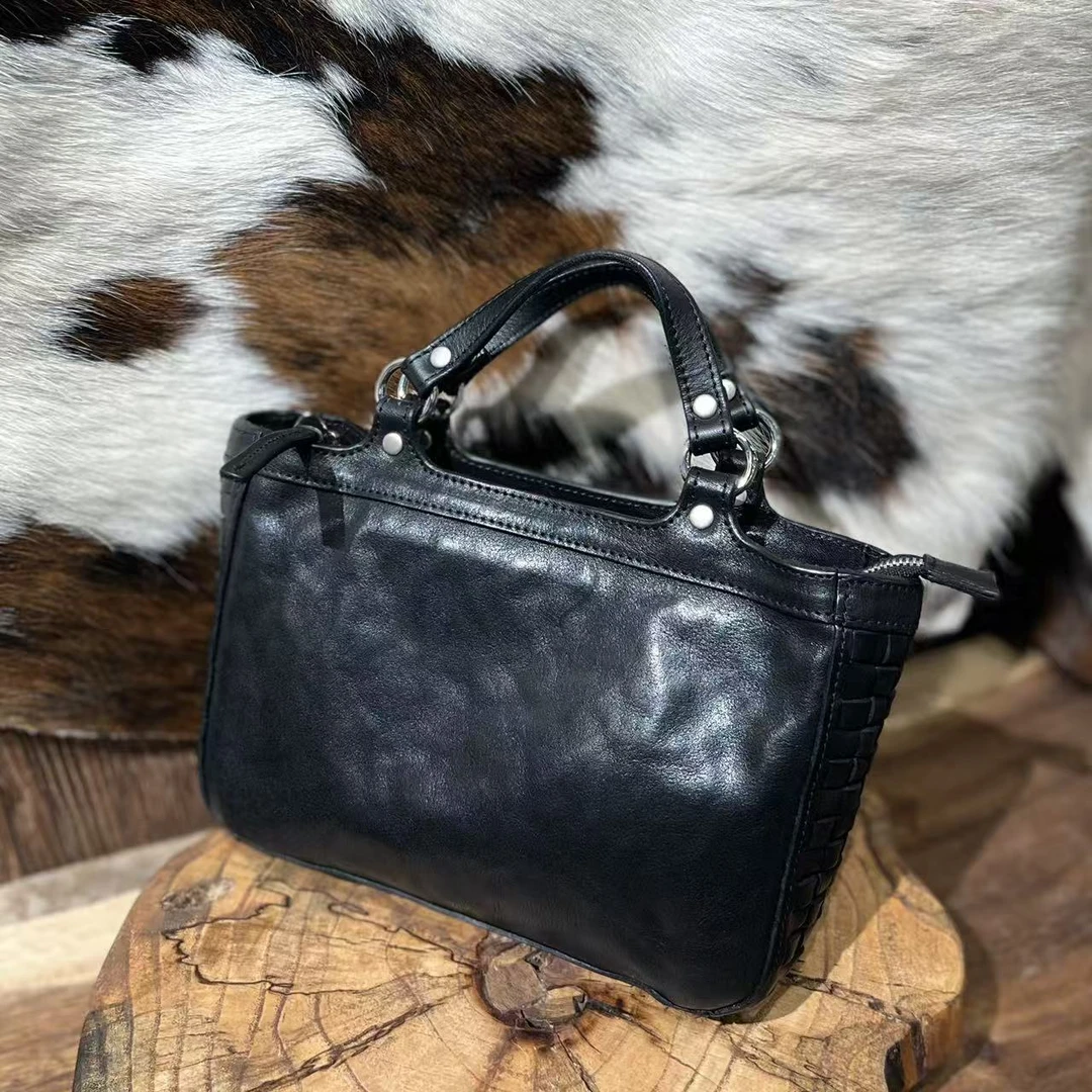 老友皮皮 头层牛皮手提斜挎编织包