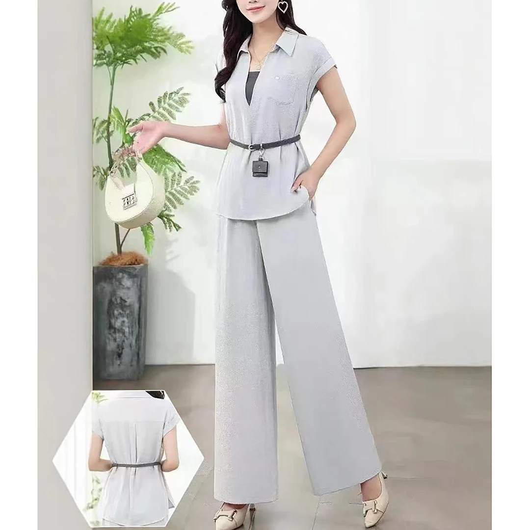 时尚V领收腰短袖上衣搭配高腰阔腿裤夏季套装A14886