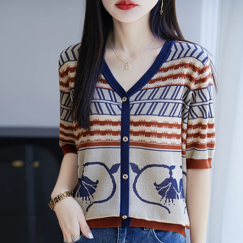 品牌正品棉+天丝刺绣V领短袖T恤针织开衫女小个子上衣夏