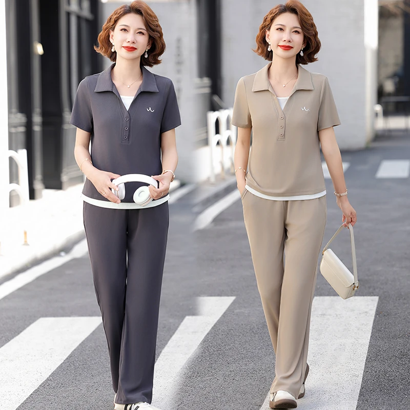 2025年新款妈妈夏装两件套套装薄款中老年女上衣时尚aa6637