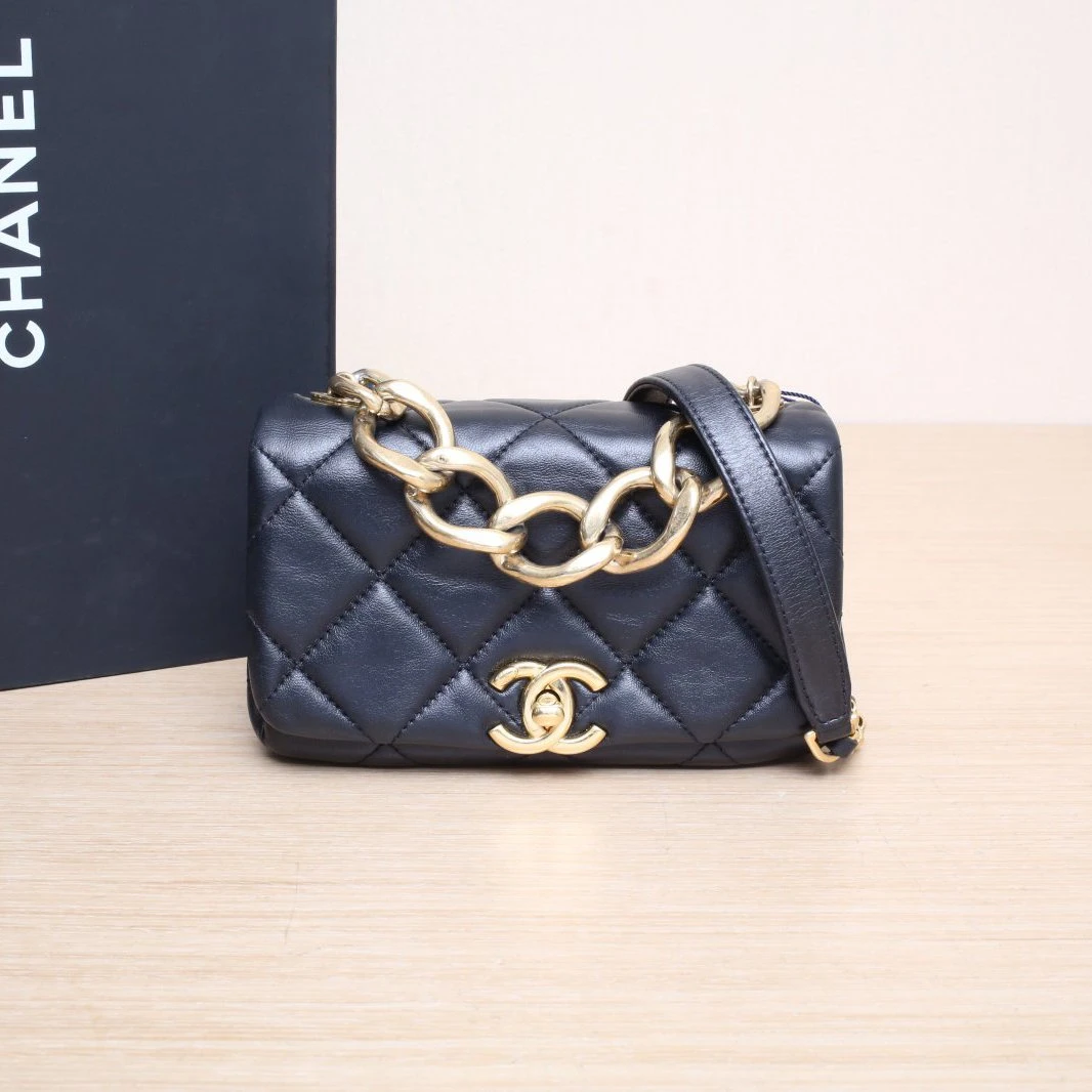 95新 Chanel/香奈儿 【黑黑】口盖风琴包 黑色 皮革S 芯片开 金扣