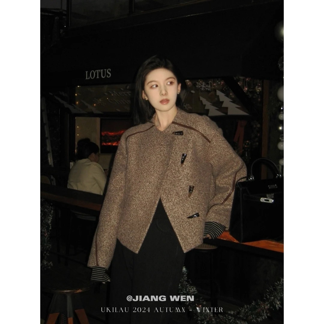 UKILAU【榛果】复古牛角扣宽松圈圈羊毛经典皮条结构线短款外套