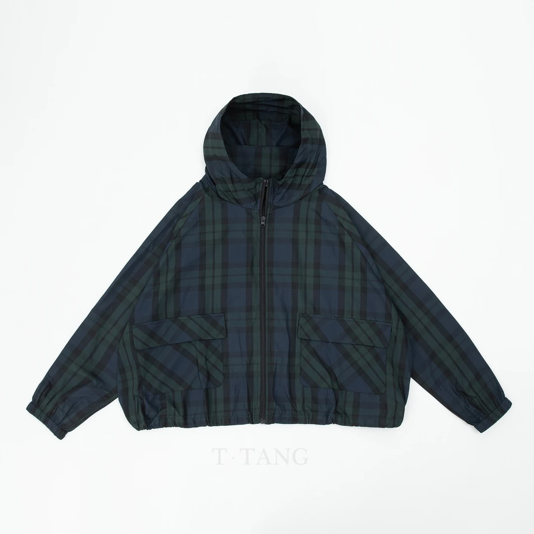 FL早秋新款撞色格子时尚拉链连帽修身女款短梭织休闲外套【3019】