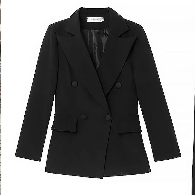 0082双排扣气质宽松型黑色女士时尚通勤单排扣系腰西装上衣网红