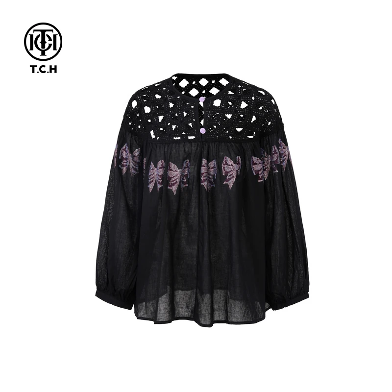 私服-TCH潮牌25春夏新款烫钻工艺休闲打底衫T75A02E5025蕾丝长袖