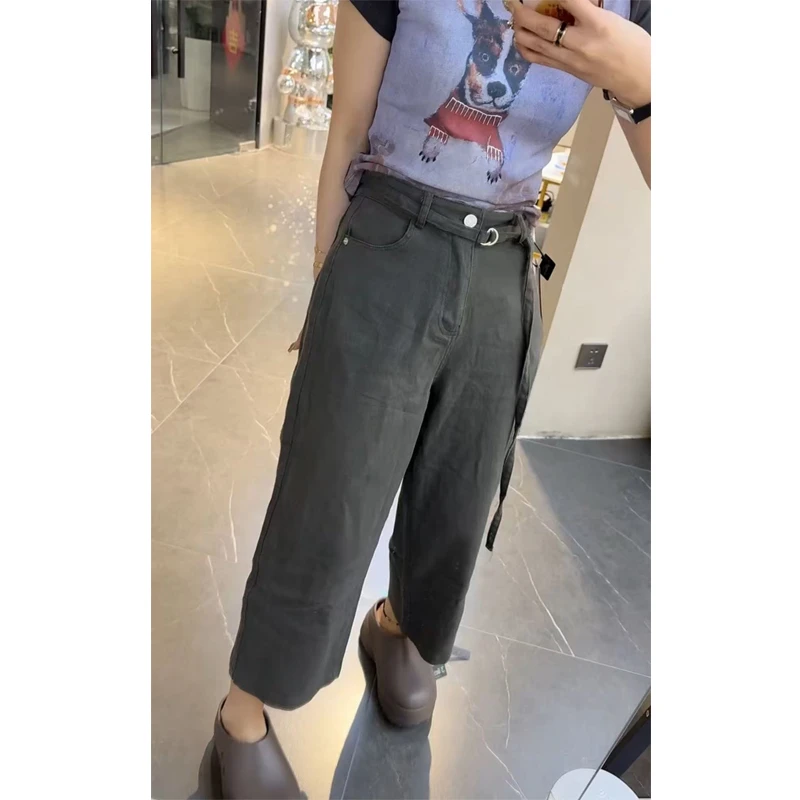 艾塔莉百搭设计感牛仔裤夏季新款梨型身材显瘦宽松直筒九分阔腿裤