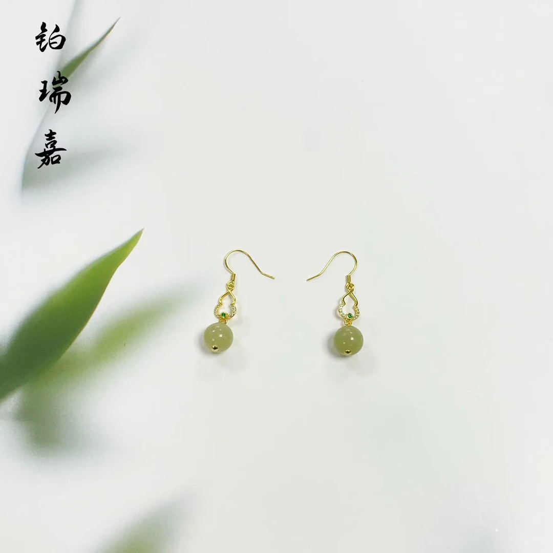 铂瑞嘉和田玉圆珠耳环晴水葫芦耳饰 YF拍一发一