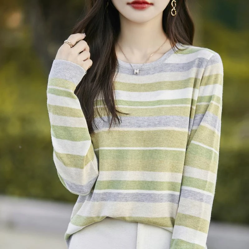 甜美温柔风拼色条纹针织打底衫女圆领薄毛衣2025新款秋冬显瘦上衣