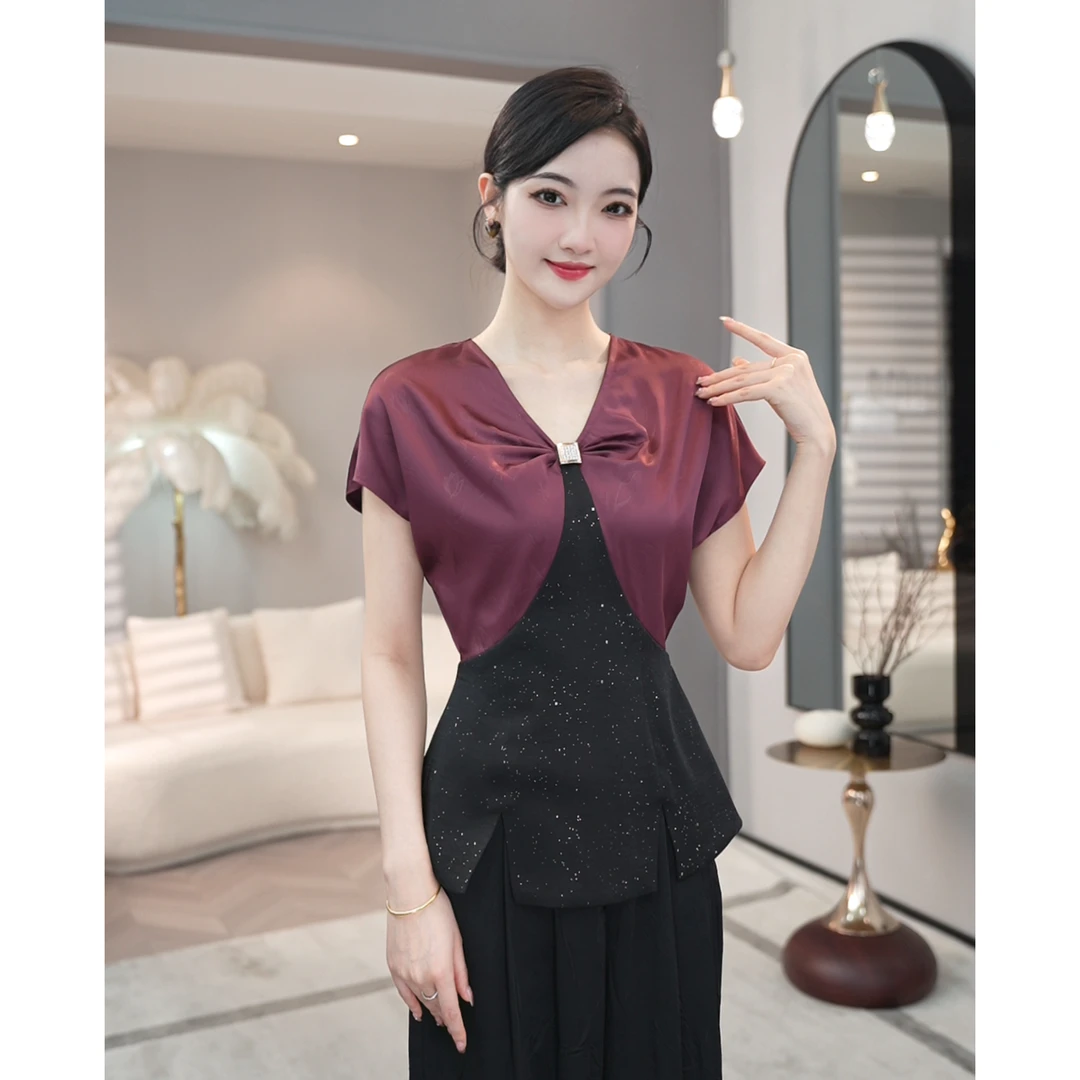 2025夏季新款【X-X373】轻奢高级感洋气短袖拼接红色修身衬衫上衣女