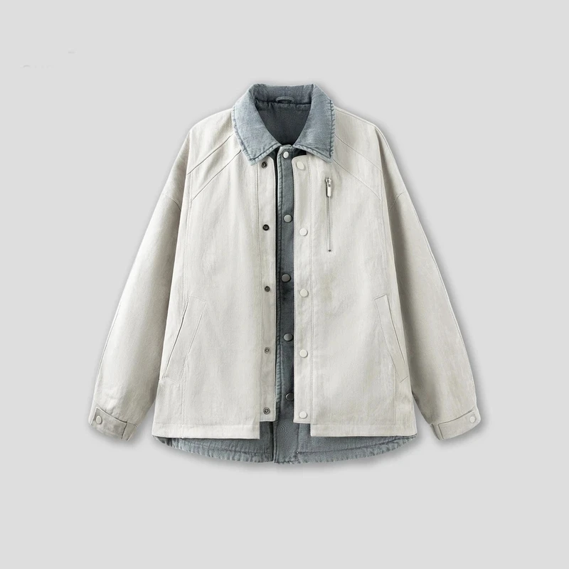 美式复古假两件做旧扎染水洗外套男春季设计师款拼接牛仔翻领夹克