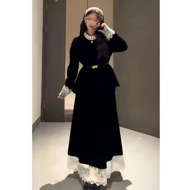 微胖千金风拼接蕾丝气质丝绒宫廷风上衣半裙假两件连衣裙送腰带