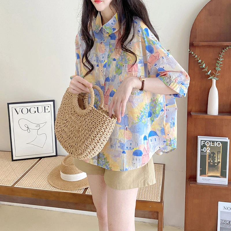 娃娃领衬衫女夏款2025年新款宽松原宿风手绘油画涂鸦棉质短袖上衣