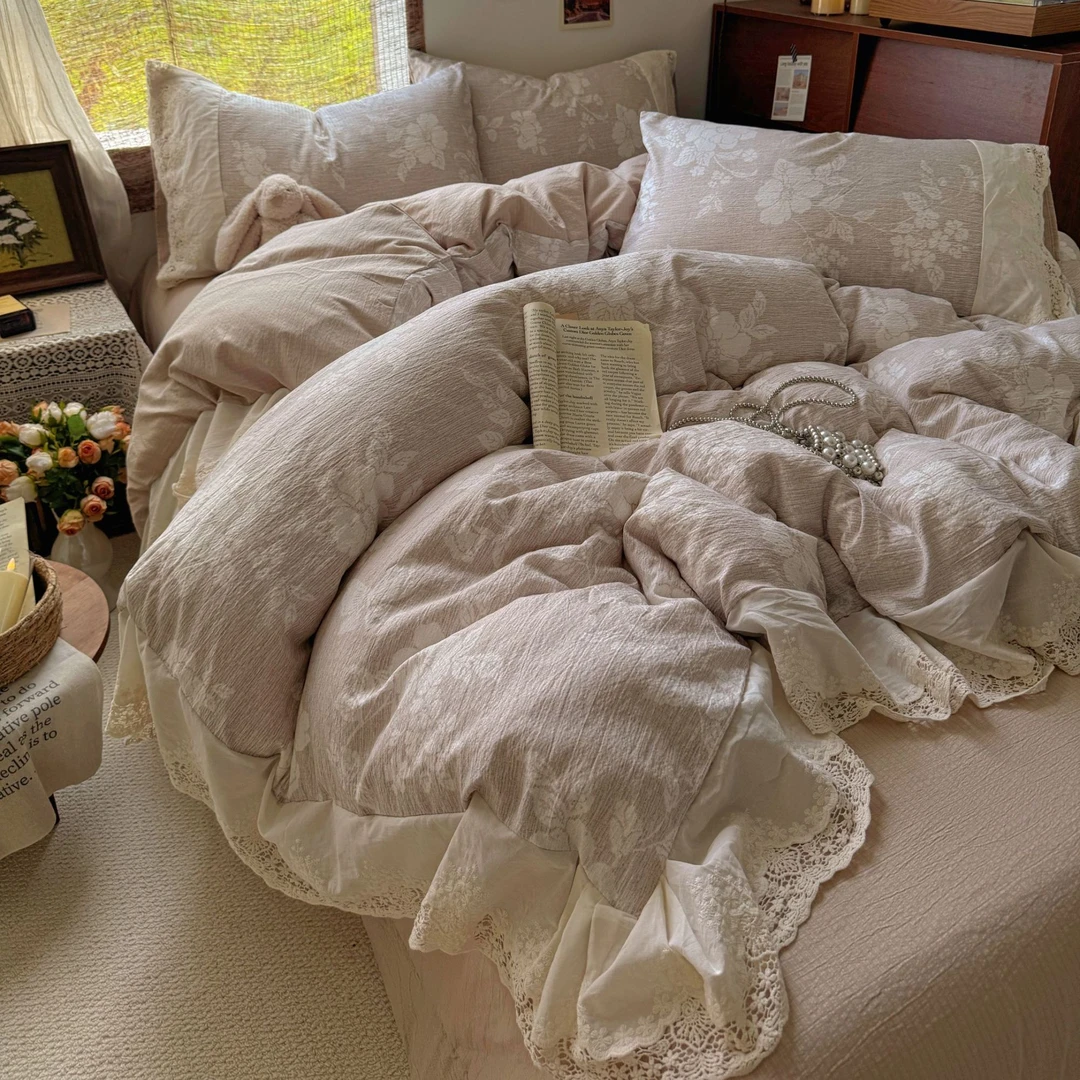 复古法式纯棉花边双层纱四件套小清新床品套件公主风学生三件套笠