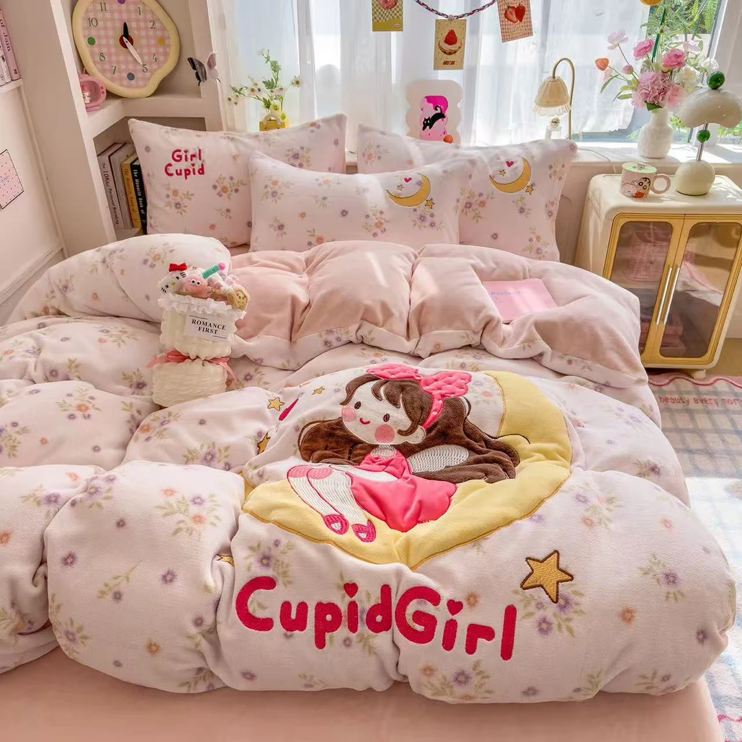 【幸运女孩】加绒加厚重工刺绣四件套a类牛奶绒床上套件200*230