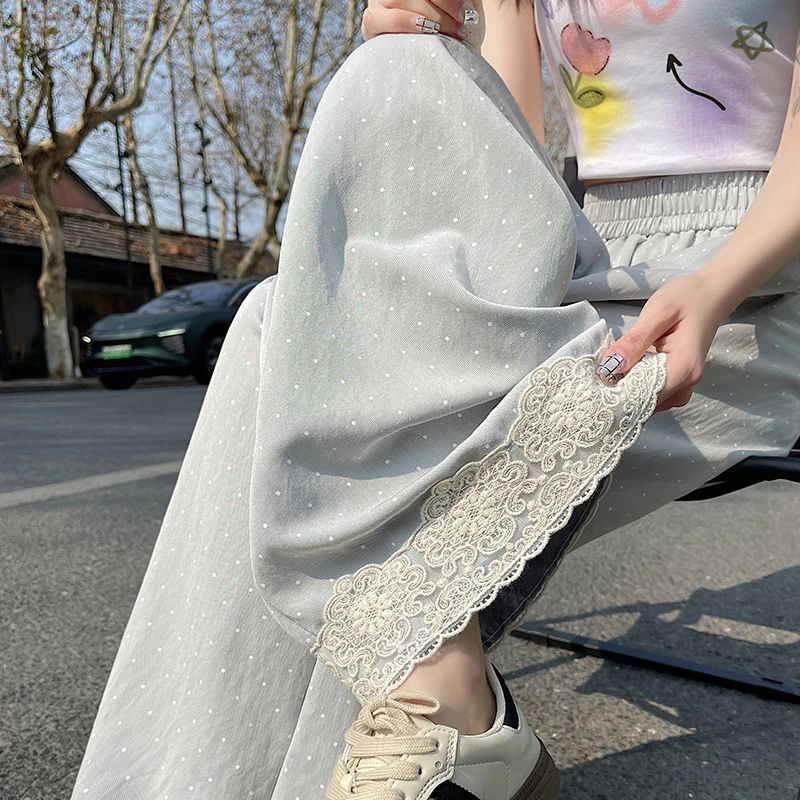 蕾丝拼接波点阔腿裤女2025夏季新款高腰宽松加大码九分休闲直筒裤