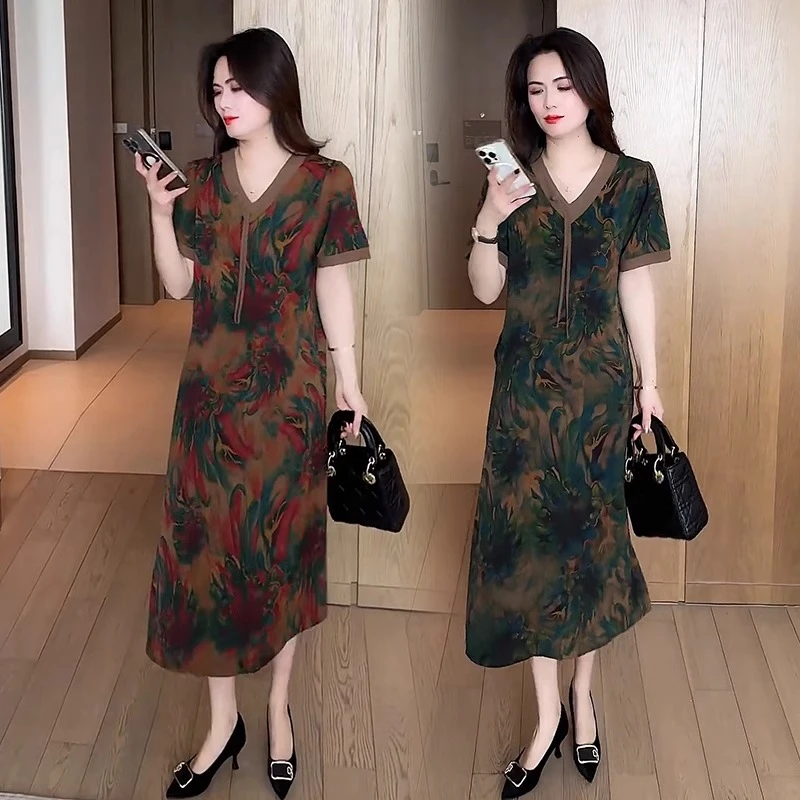 夏季连衣裙女2025年新款中年妈妈时尚气质高端宽松显瘦中长款裙子