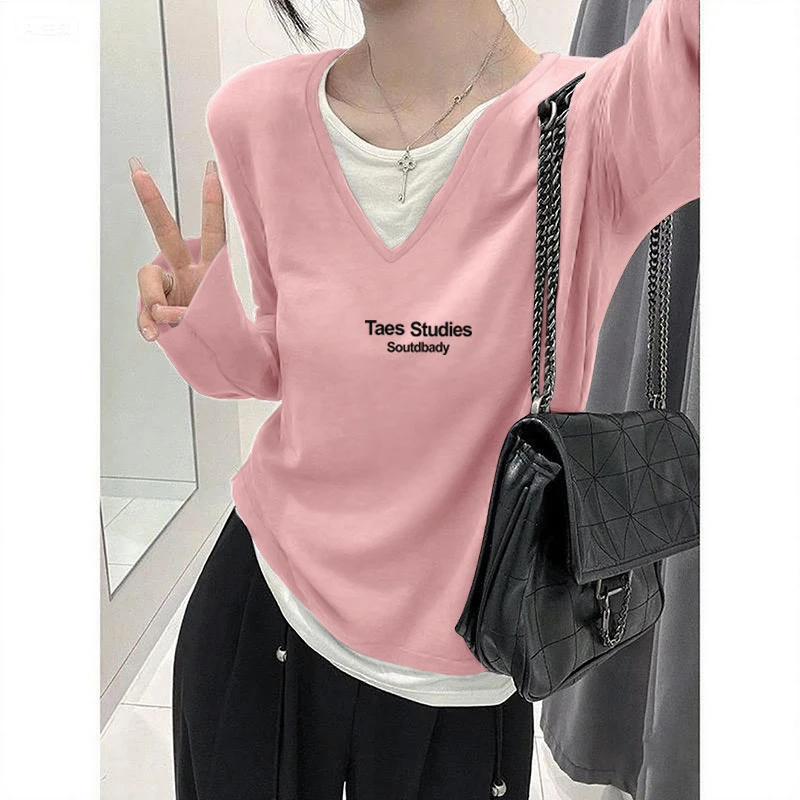 小众设计感假两件正肩V领长袖t恤女时尚洋气打底衫早秋季新款上衣