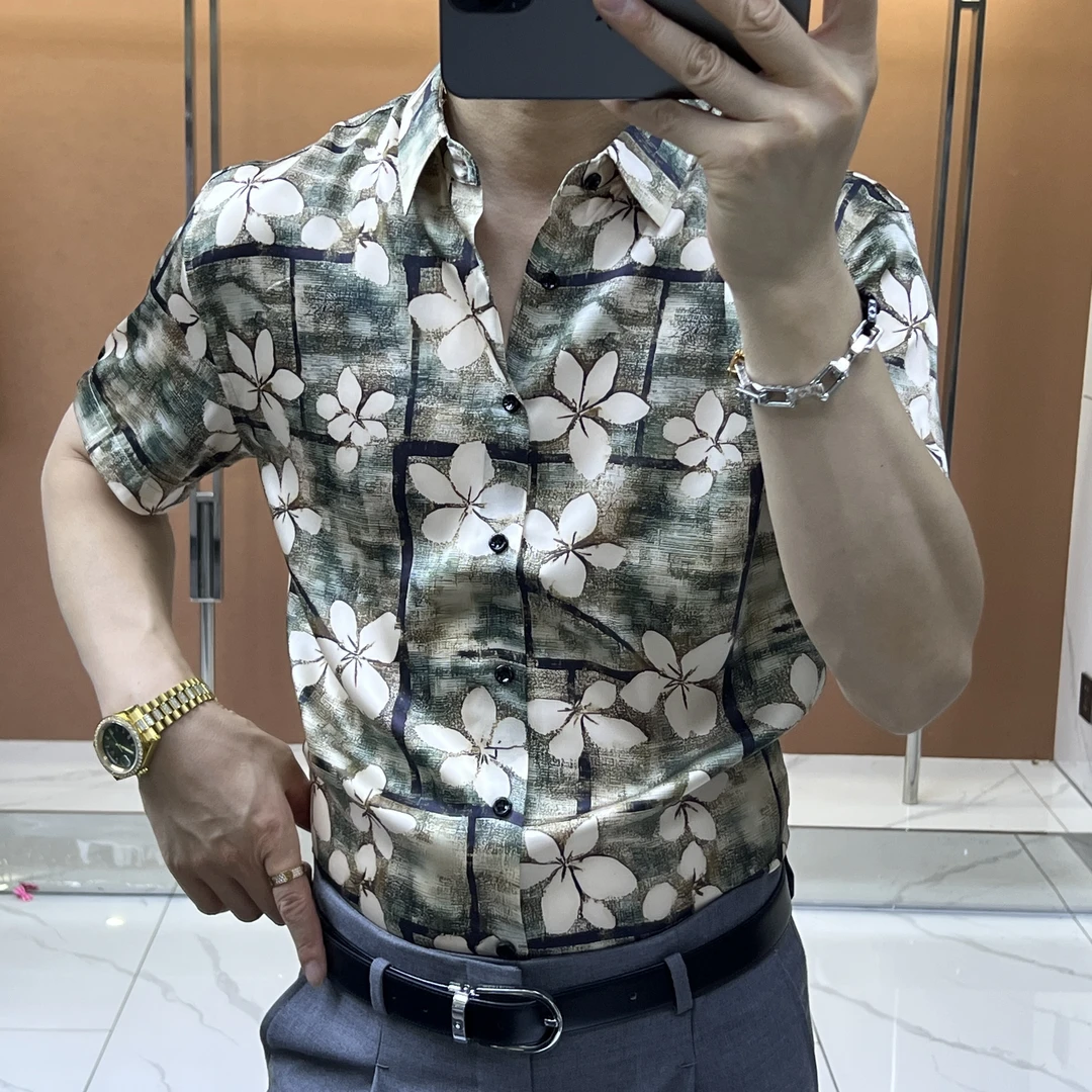 男士夏季时尚潮流高品质碎花短袖衬衫