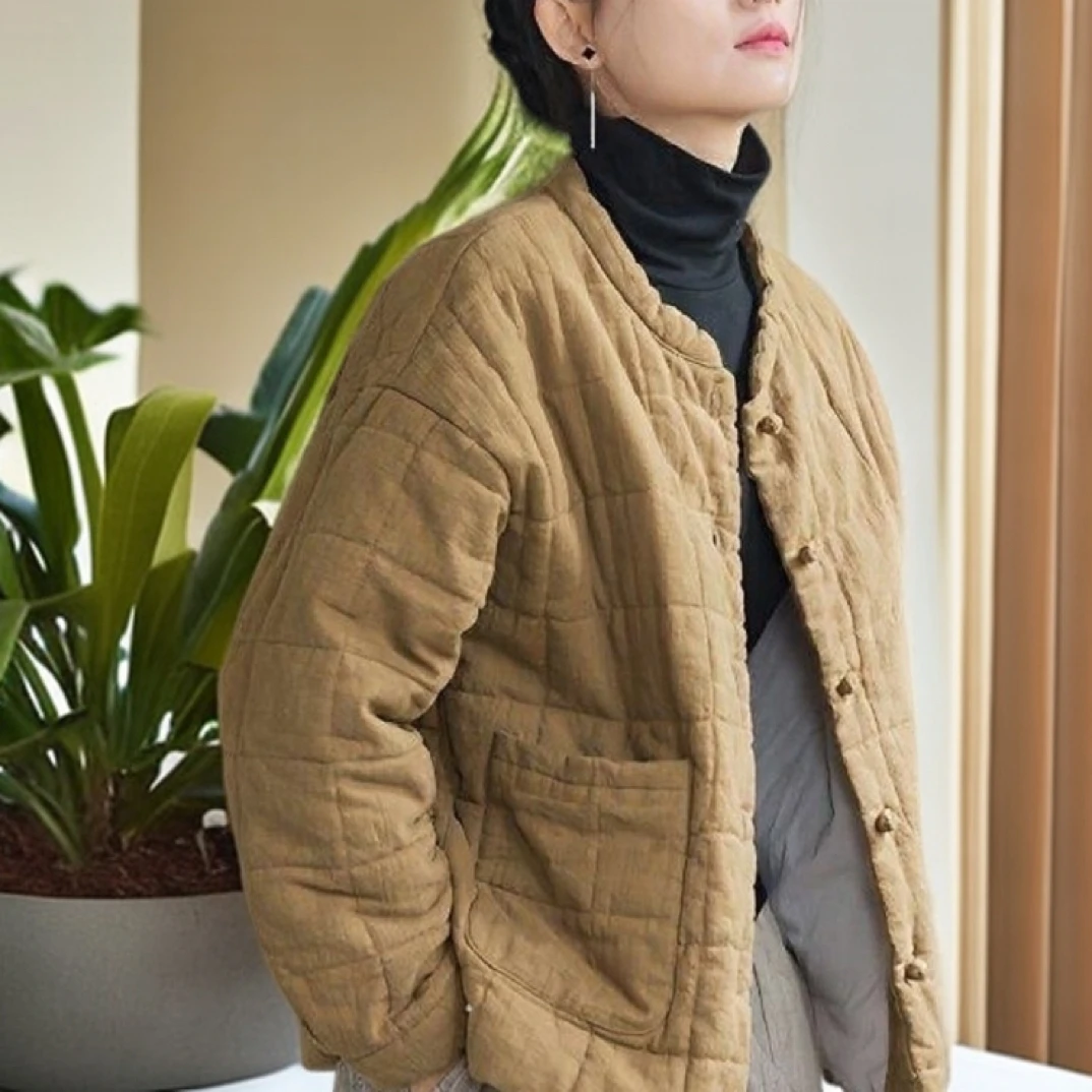 女士棉麻夹棉立领盘扣棉袄棉服2025新款冬季时尚文艺个性短款棉衣