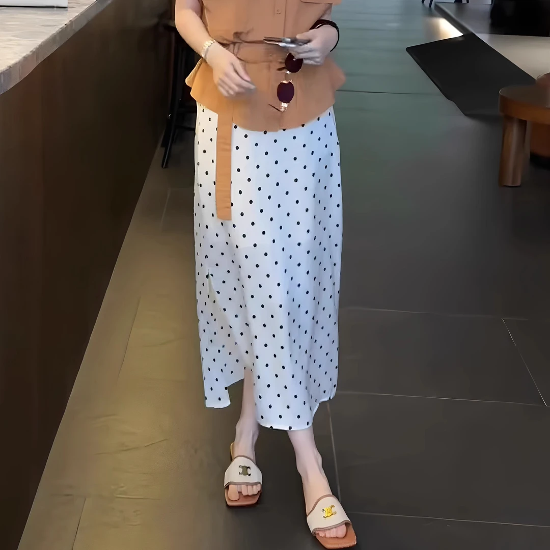 垂感波点百搭直筒半身裙女薄款夏季新款高腰时尚显瘦开叉中长裙子