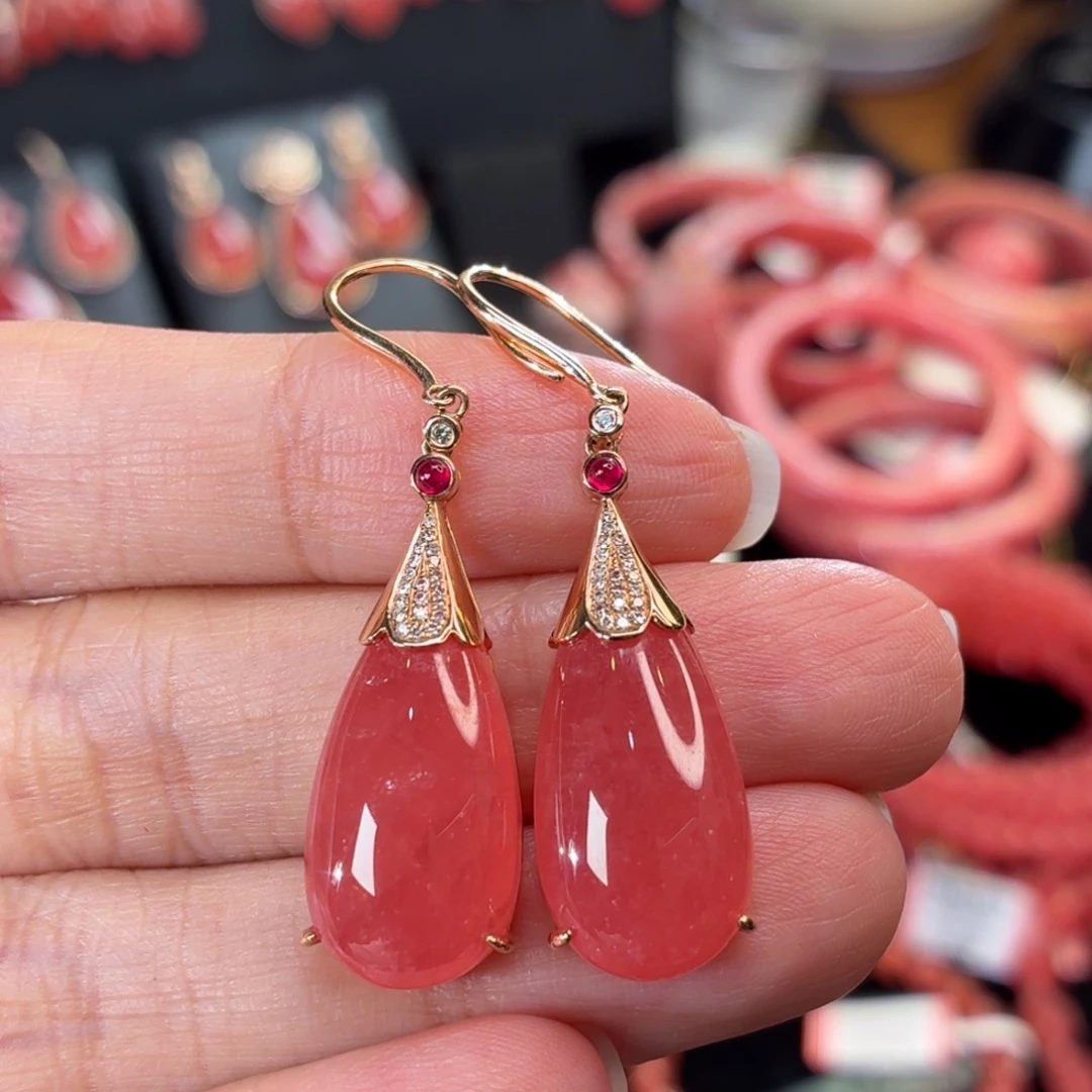 菱锰矿（红纹石）18K金镶嵌耳环爆品女神款
