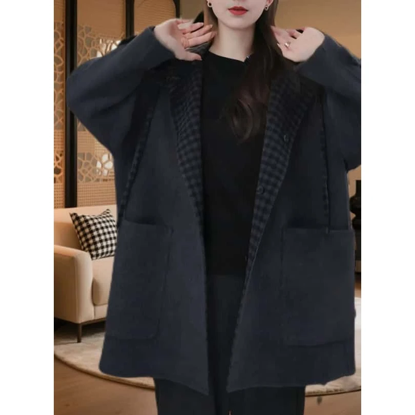 复古高级感撞色拼接格纹气质短外套2025冬季大码韩系减龄时尚大衣