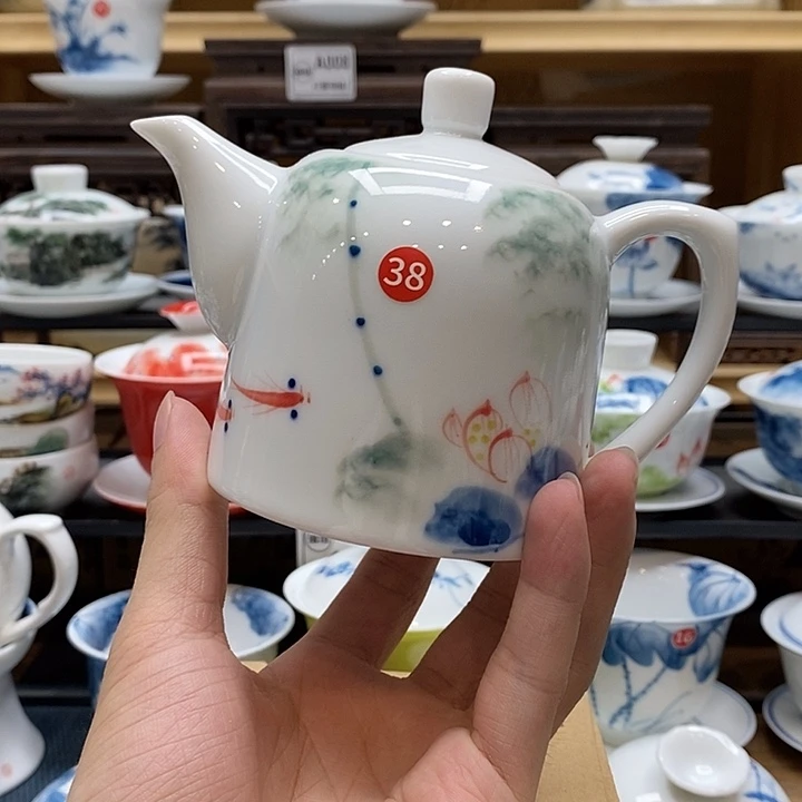 手绘五彩荷花茶壶260cc釉下彩微瑕福利款
