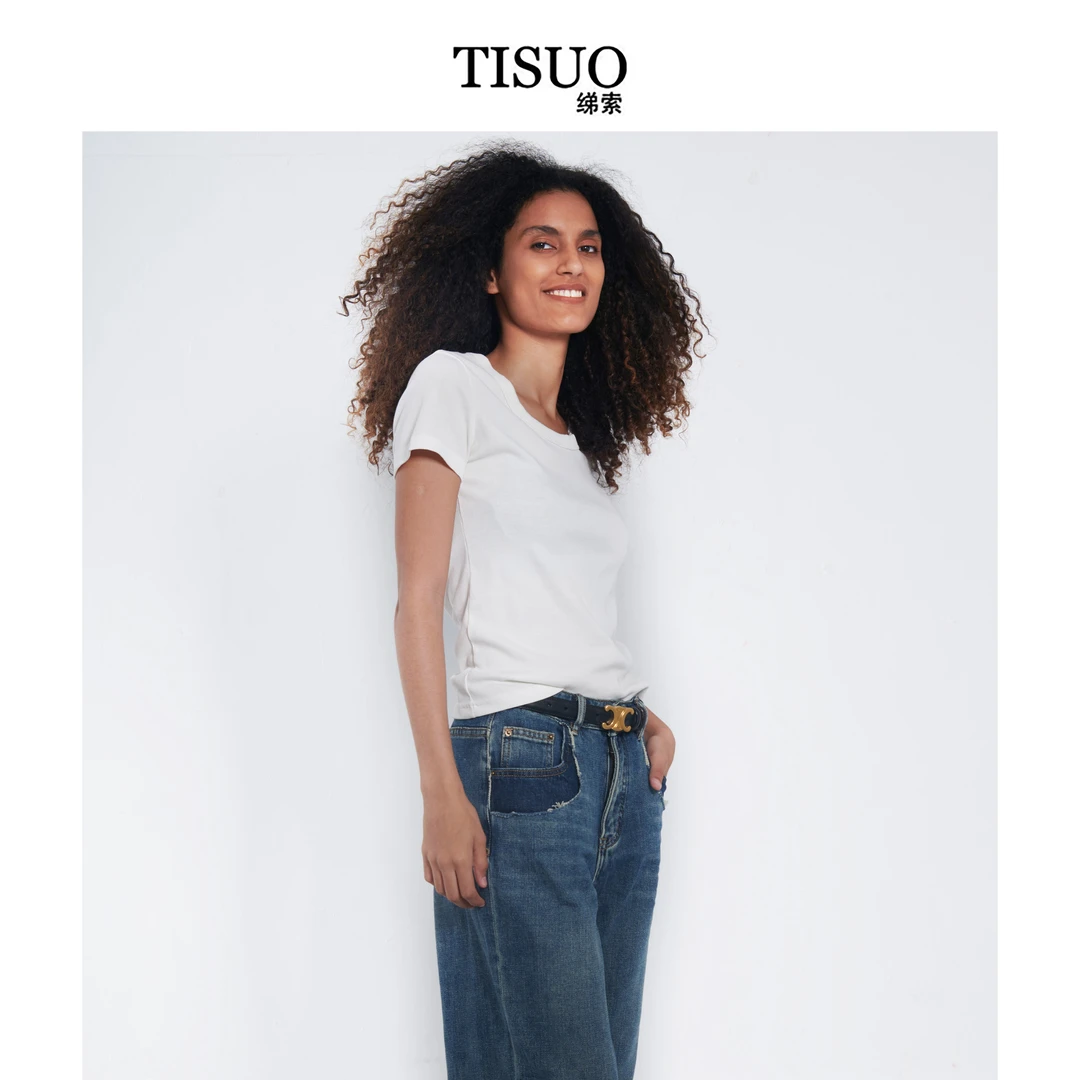 TISUO/绨索 修身显瘦大U罗纹领T恤 TS304601