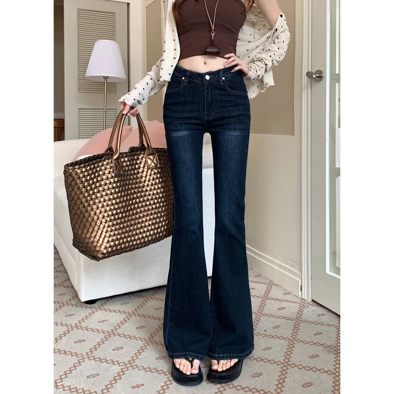 糖糖~深色V腰弹力显瘦辣妹微喇叭牛仔裤