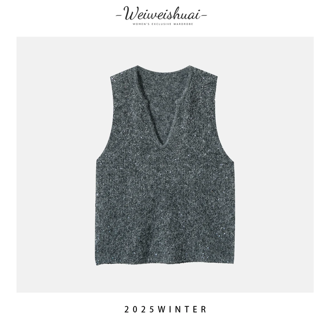 【广州微姐】秋季女士时尚百搭休闲宽松V领无袖亮片针织马甲2322