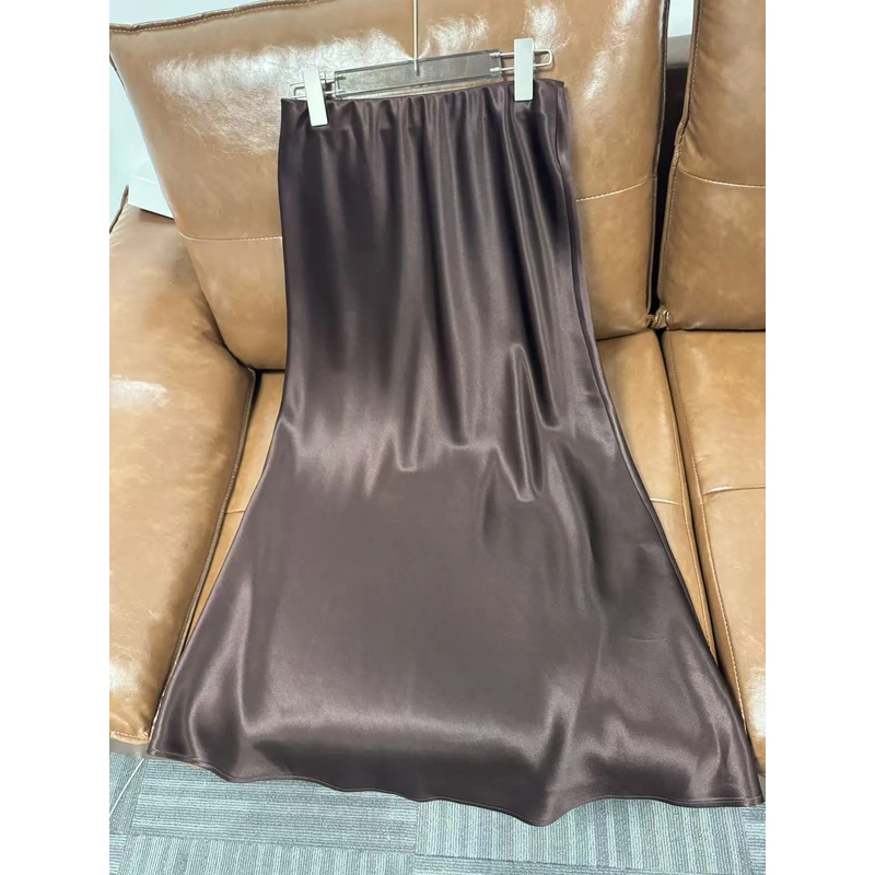 100%桑蚕丝！重缎咖啡色皮王斜裁鱼尾裙