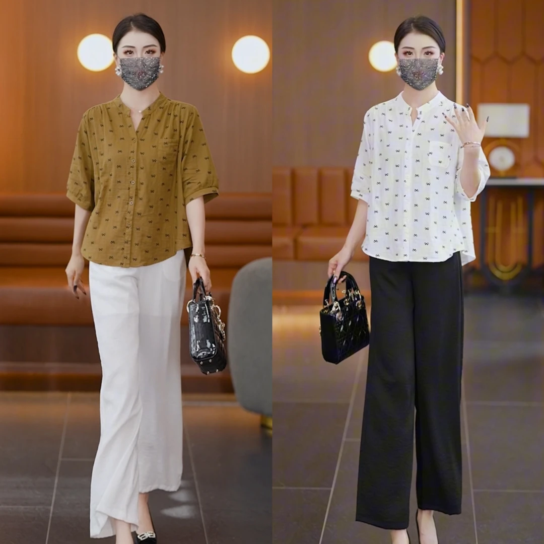 2025春夏新款婴儿棉大码宽松百搭5分袖衬衫休闲洋气妈妈装衬衣021