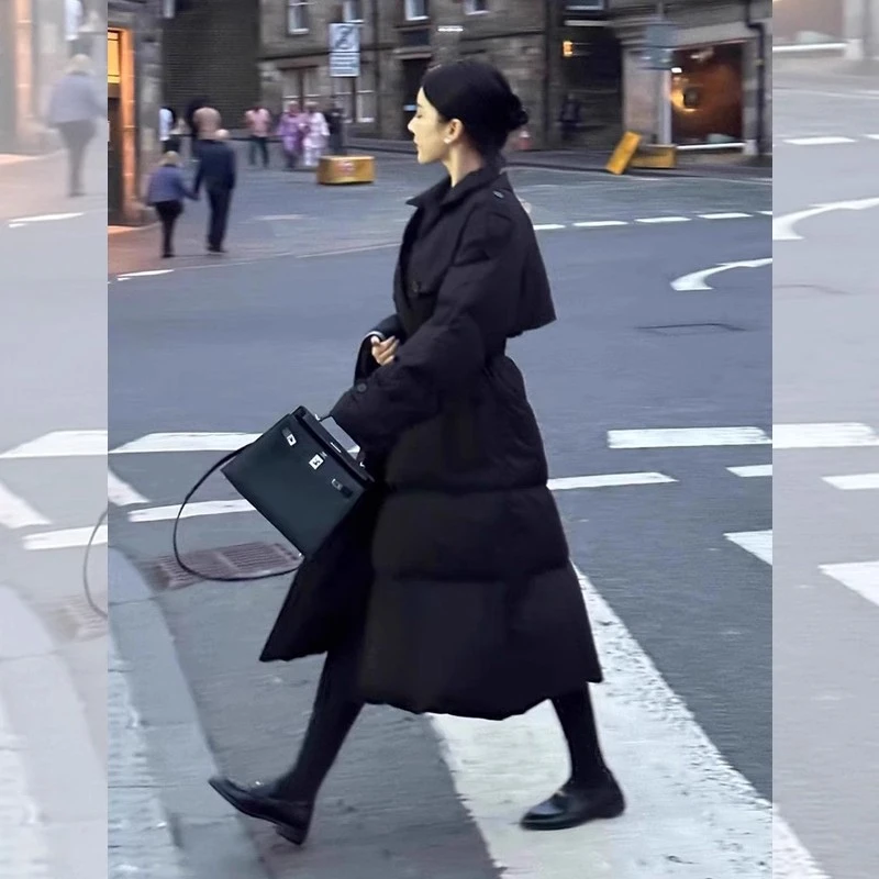 时尚洋气简约百搭黑色外套冬季新款通勤风气质收腰显瘦长款棉服女