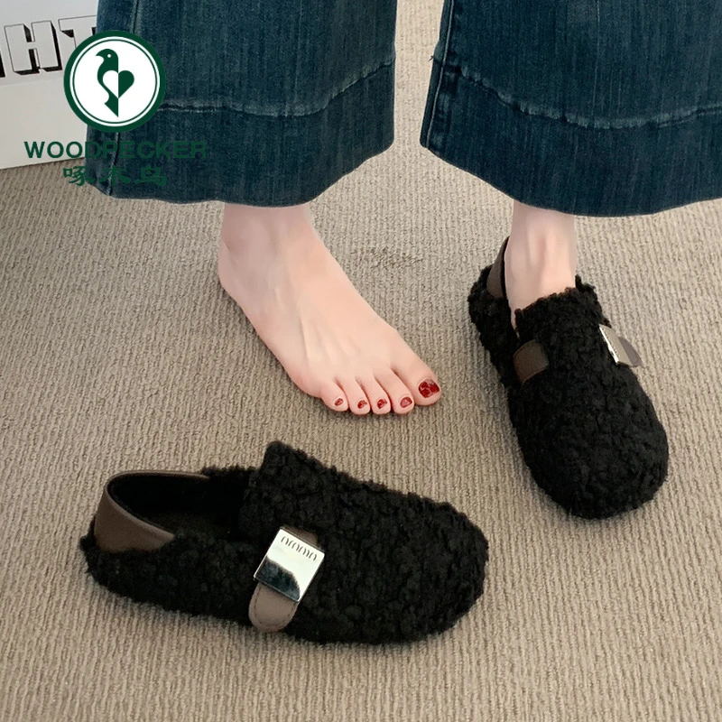 啄木鸟女款2025冬季新款一脚蹬晚晚鞋外出百搭加绒毛毛鞋休闲棉鞋