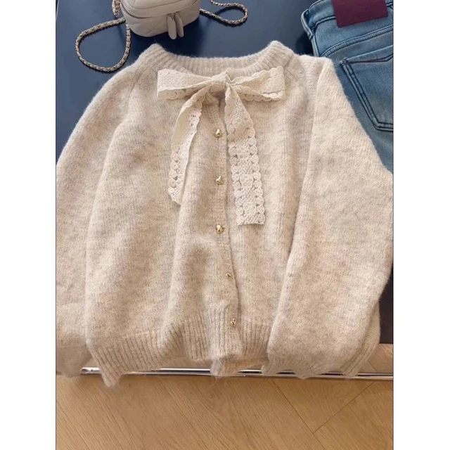 设计感蕾丝系带毛衣开衫女装2025新款春季慵懒风加厚软糯针织外套