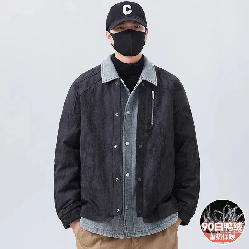 90白鸭绒羽绒服男款冬季2024新款潮流假两件拼接牛仔夹克外套男士