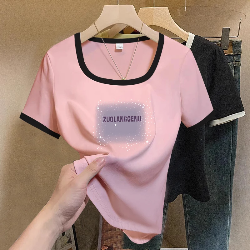 夏季方领撞色潮流短袖T恤女露锁骨大码正肩宽松显瘦百搭体恤上衣/