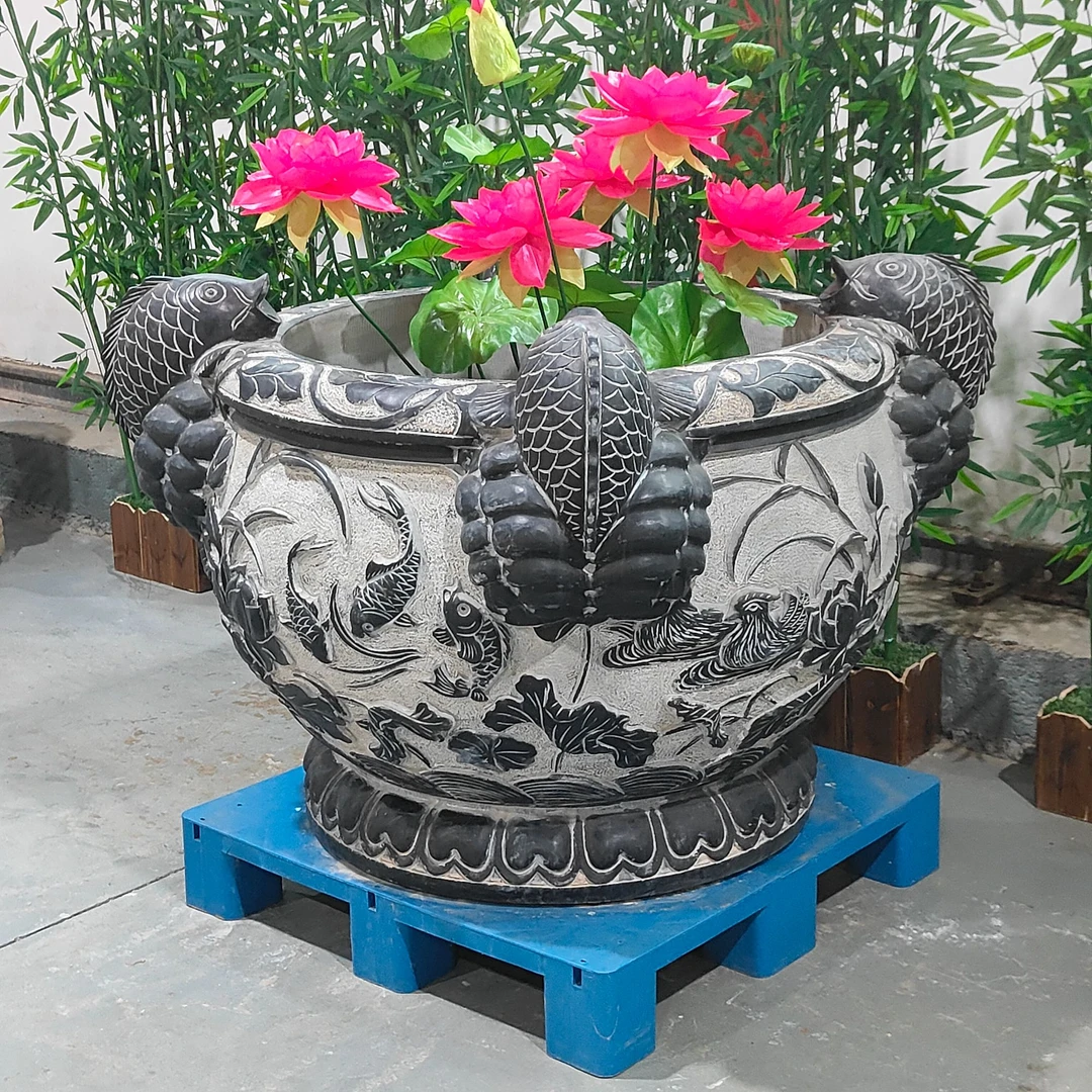 小鱼流水天然青石大号荷花石缸天然青石雕刻包邮不含卸货和安装摆