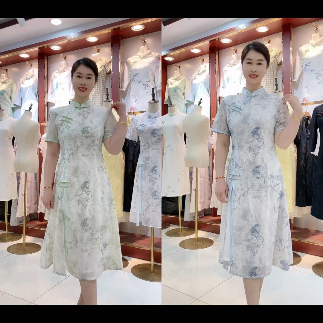 锦汐-夏季新品中长款改良版奥黛旗袍裙-竹韵