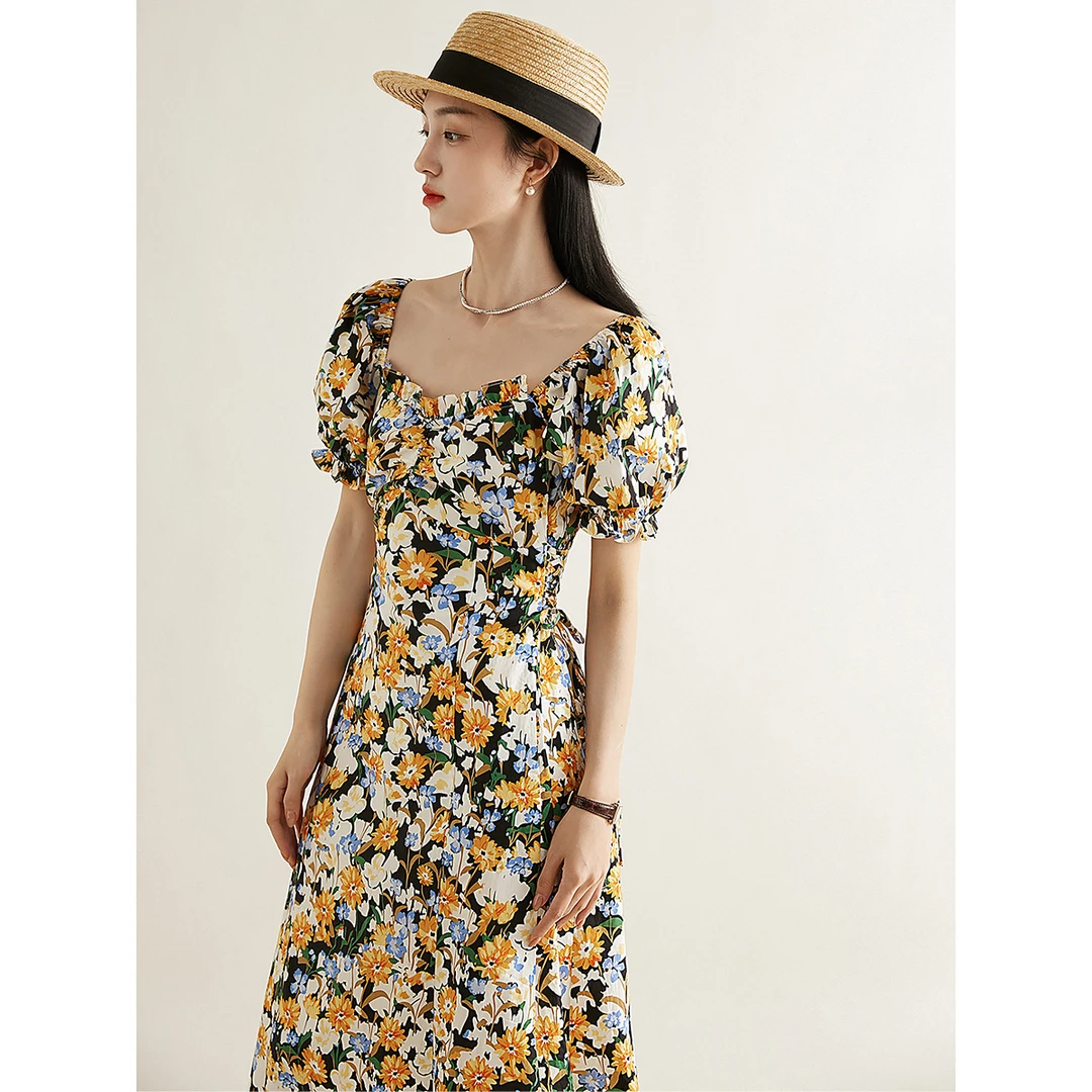 【香榭丽舍】碎花法式两穿方领泡泡袖纯棉连衣裙QZP664036MG