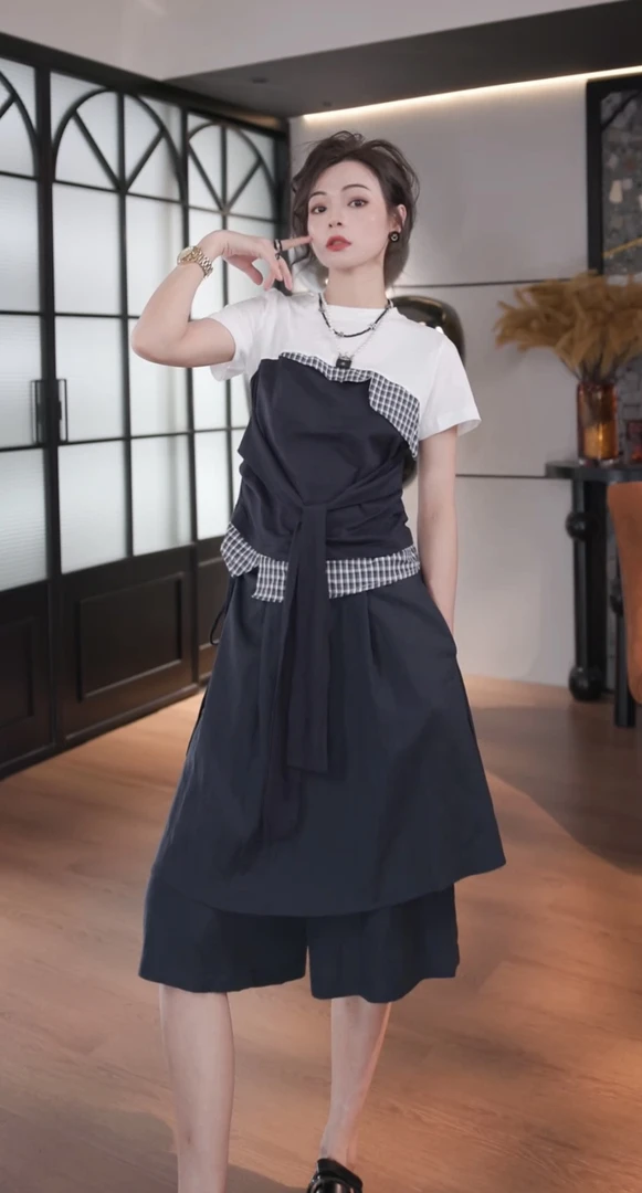 BANINGNA-2025欧货夏季小众设计款拼接显瘦假两件短袖T恤04441