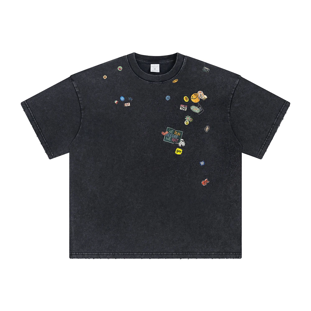 INS趣味贴纸印花水洗磨边T250G重磅宽松圆领纯棉男夏短袖情侣T恤