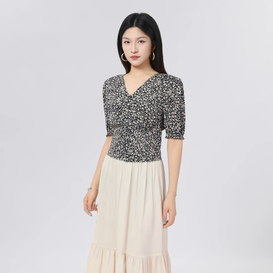 GIRDEAR/哥弟新款法式田园风印花设计V领显瘦短袖衬衫上衣130049