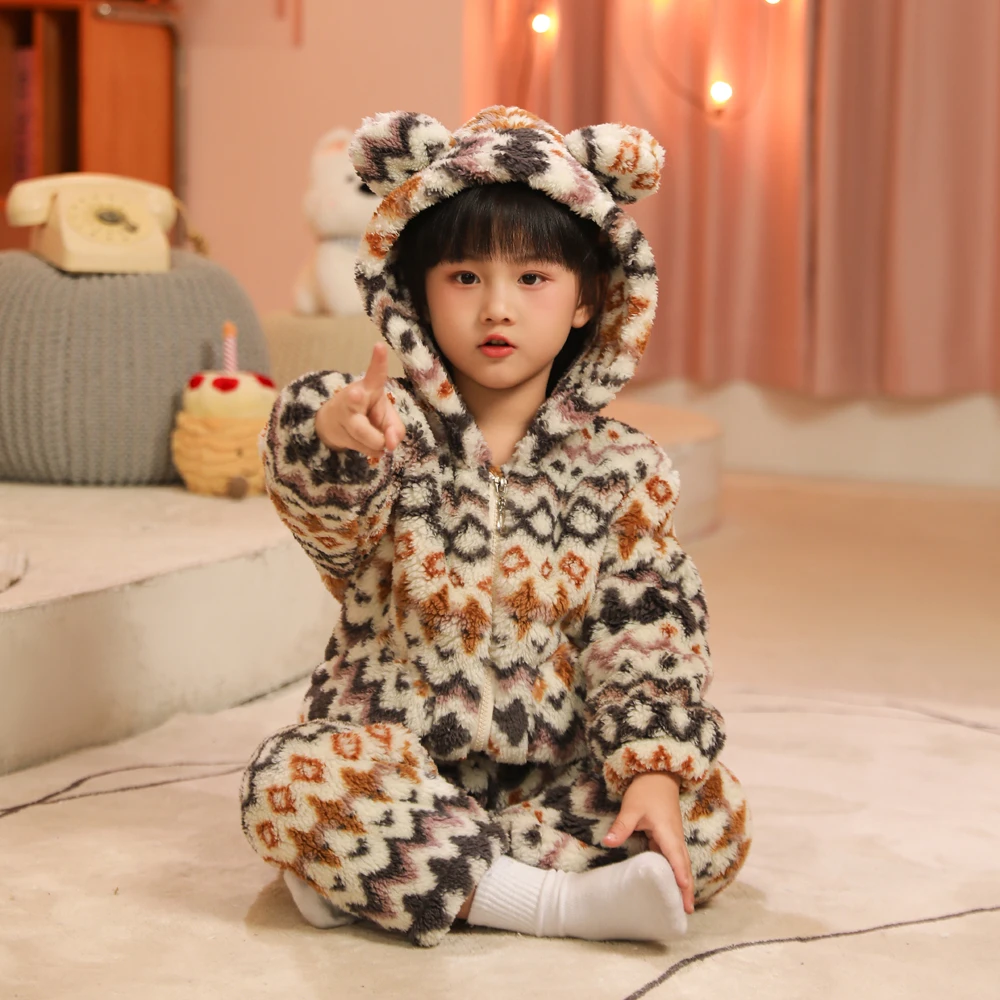 睡衣女童秋冬季珊瑚绒宝宝睡衣连帽套装男孩法兰绒儿童家居服女孩