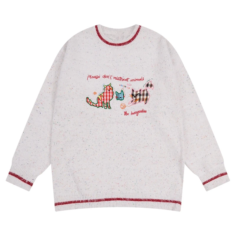 彩色点点毛衣男女秋冬可爱猫咪针织衫学生套头圆领上衣