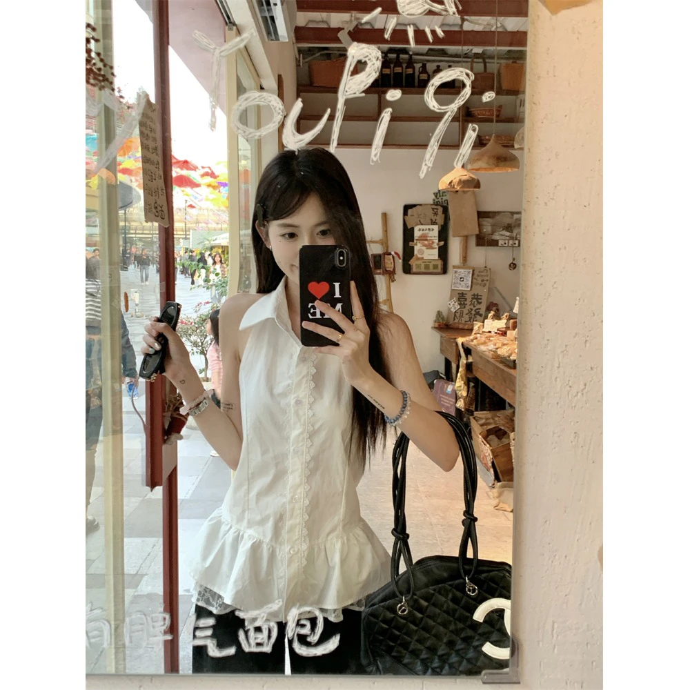 蕾丝拼接露背polo领无袖衬衫女夏季蝴蝶结绑带修身设计感白色上衣