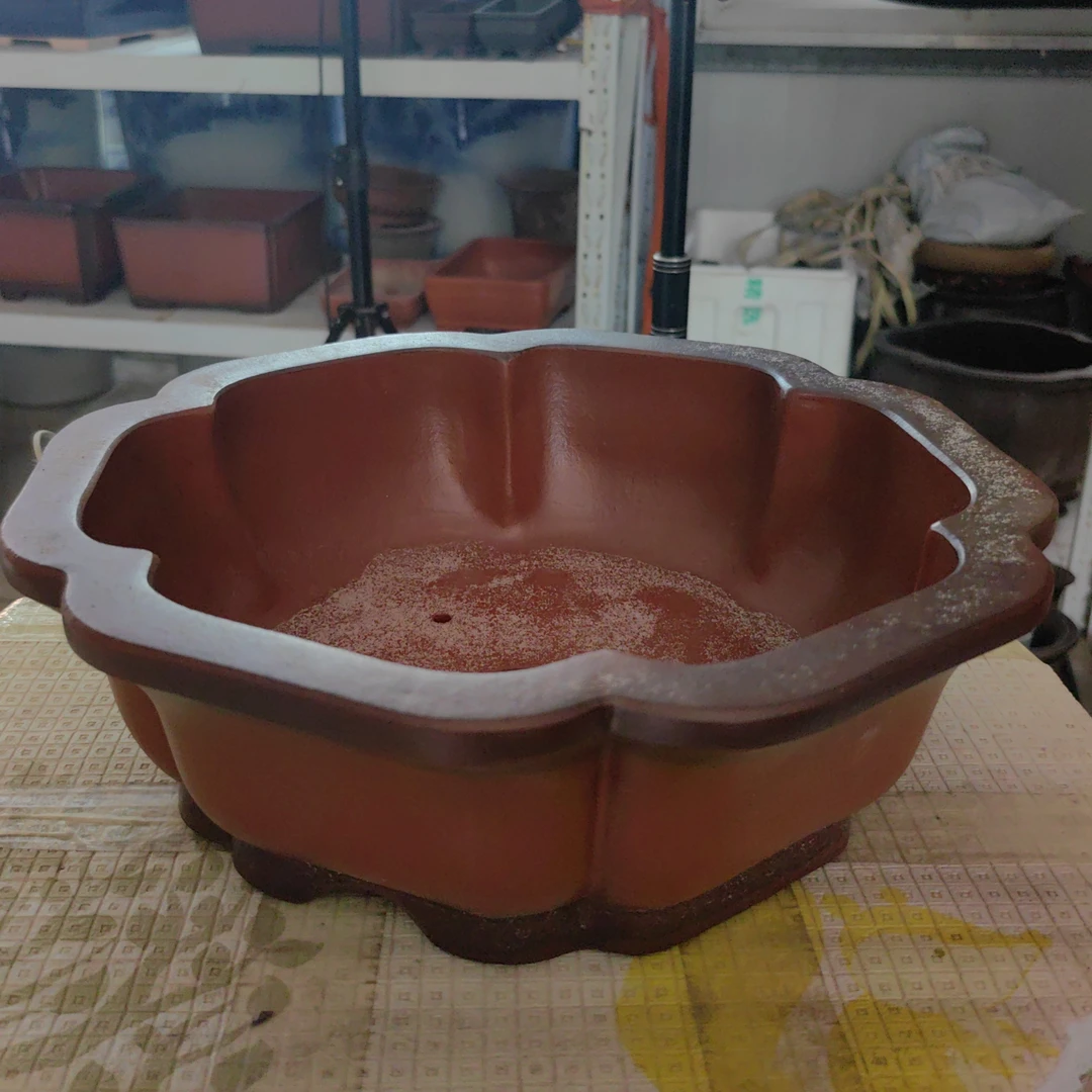 手工原矿老紫泥六方抽角大口径透气古典古盆景花盆