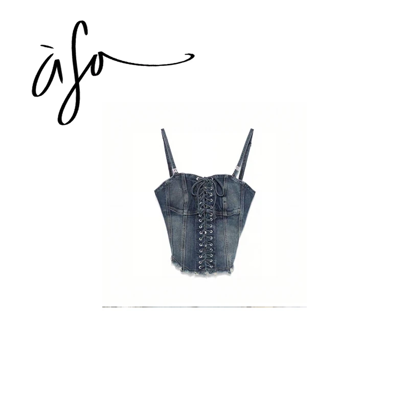 ASA-【绑带露腰修身牛仔吊带背心】