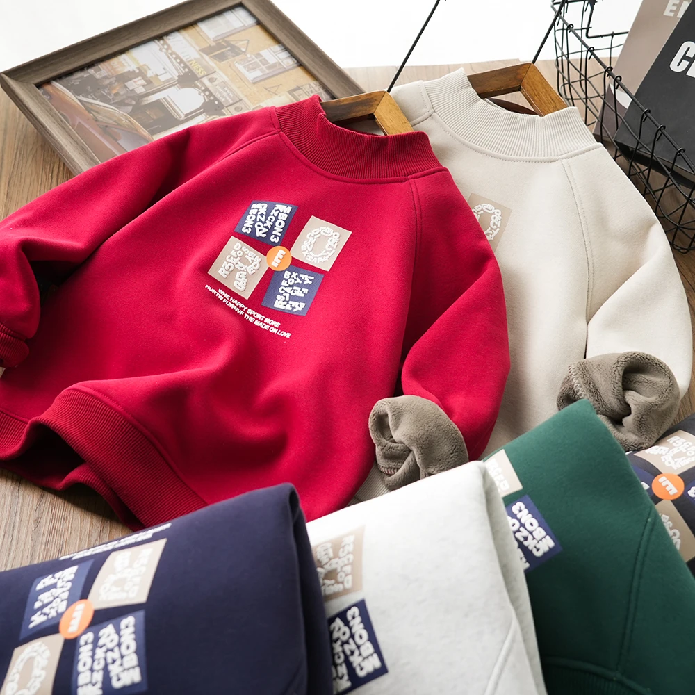 儿童男童秋冬新款彩色字母发泡卫衣中大童圆领百搭上衣加绒80859