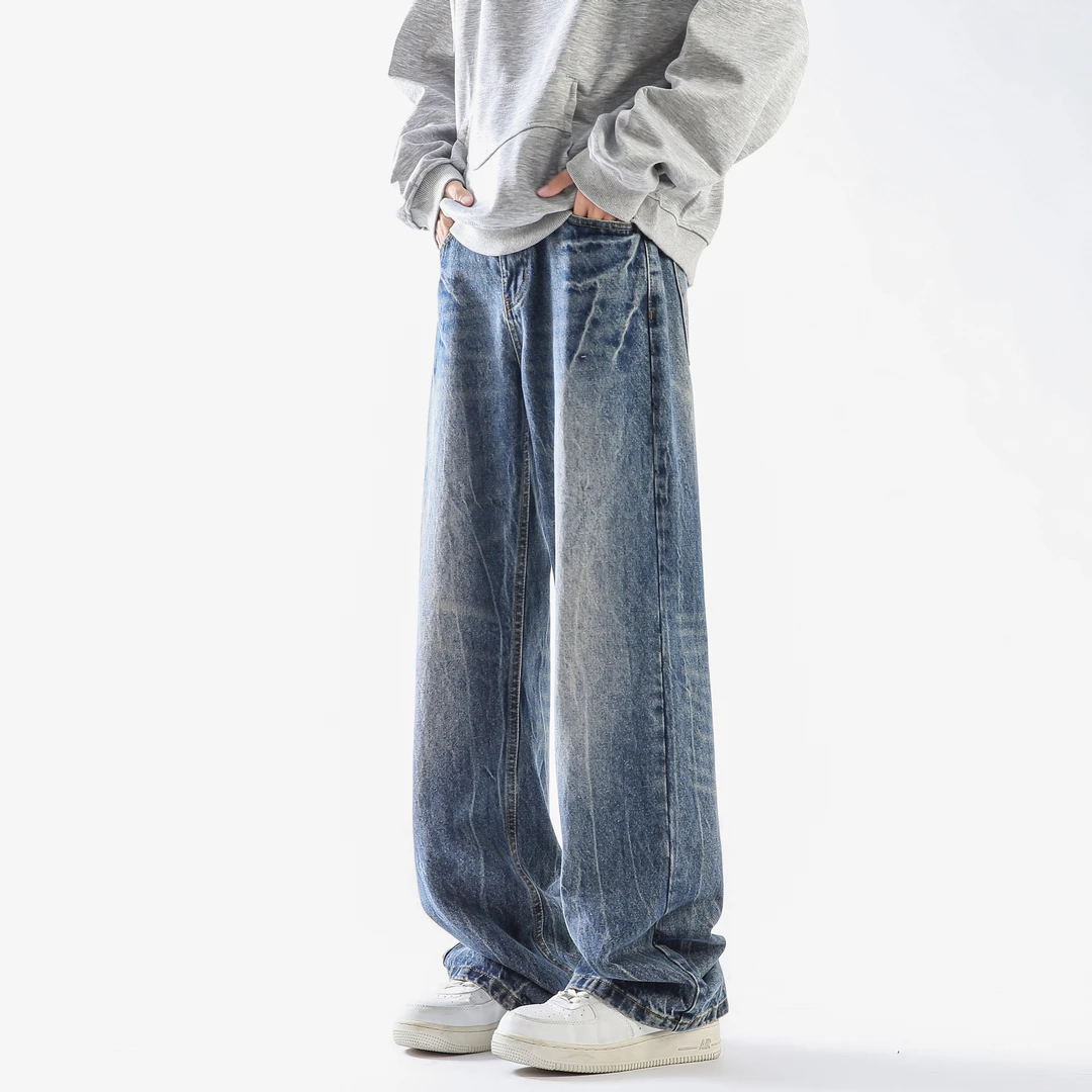 2025新款美式复古设计感闪电纹微辣水洗牛仔裤男ins潮流宽松阔腿